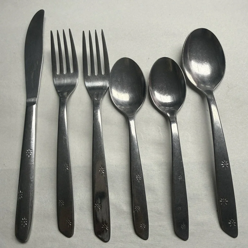 6 Lot Atomic 3 Star Superior Stainless Spoons Forks Knives Night Sky MCM USA